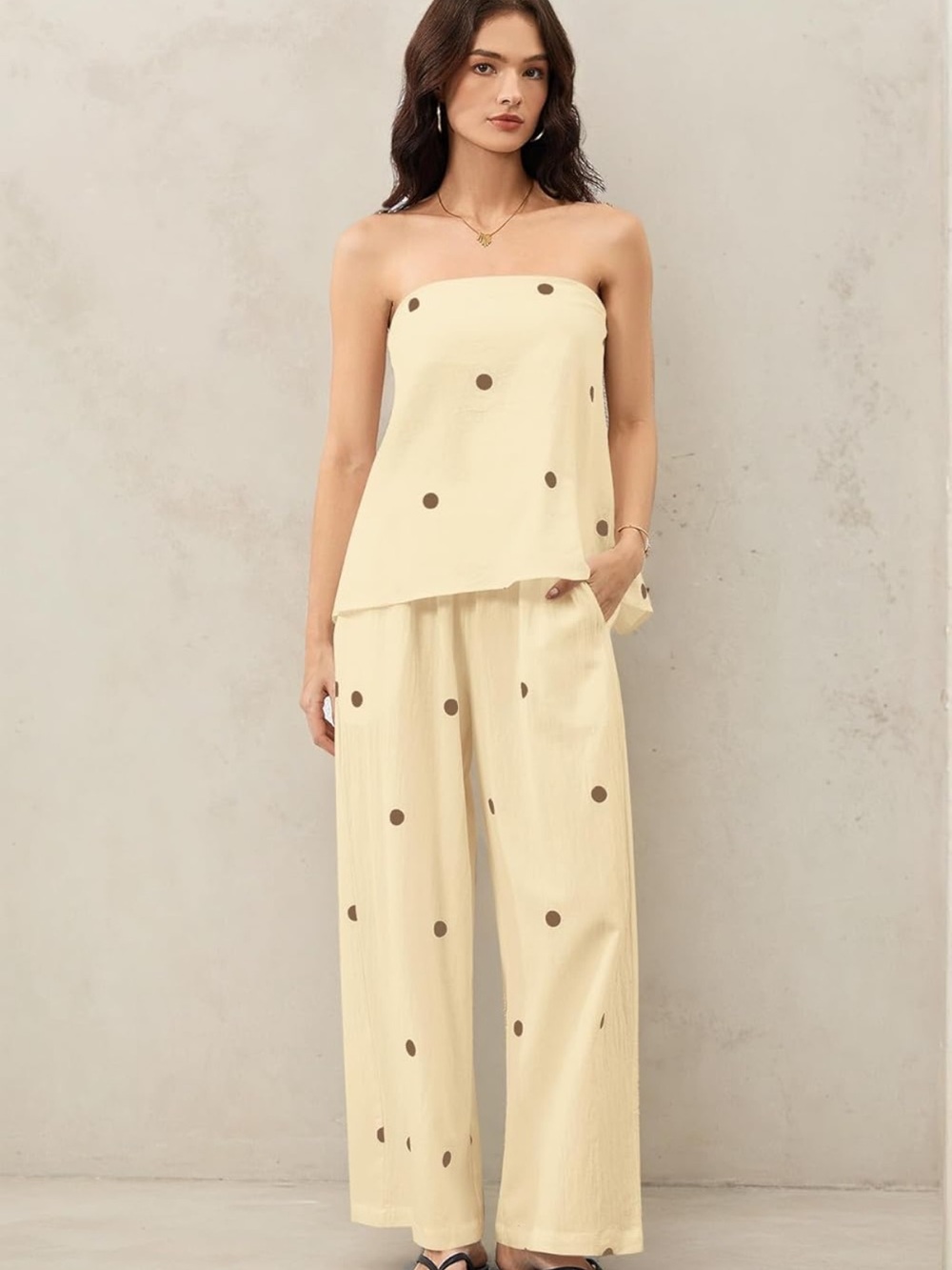 SET Butter Yellow and Chocolate Polka Dot Strapless Tunic Tank Wide-Leg Pants